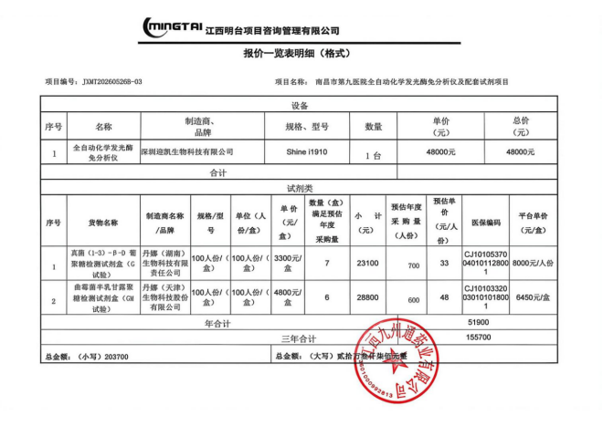 江西明台项目咨询管理有限公司关于南昌市第九医院全自动化学发光酶免分析仪及配套试剂项目（项目编号：JXMT20260526B-03）公开比选中选公告(图1)